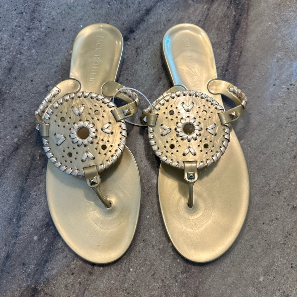 Jack Rogers Gold Sandals with Ornamental Medallions
